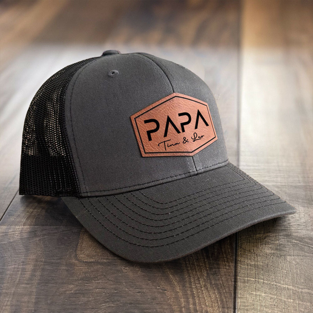 Personalized PAPA Leather Patch Trucker Hat with Kids Names Father's Day Gift New Dad Gift