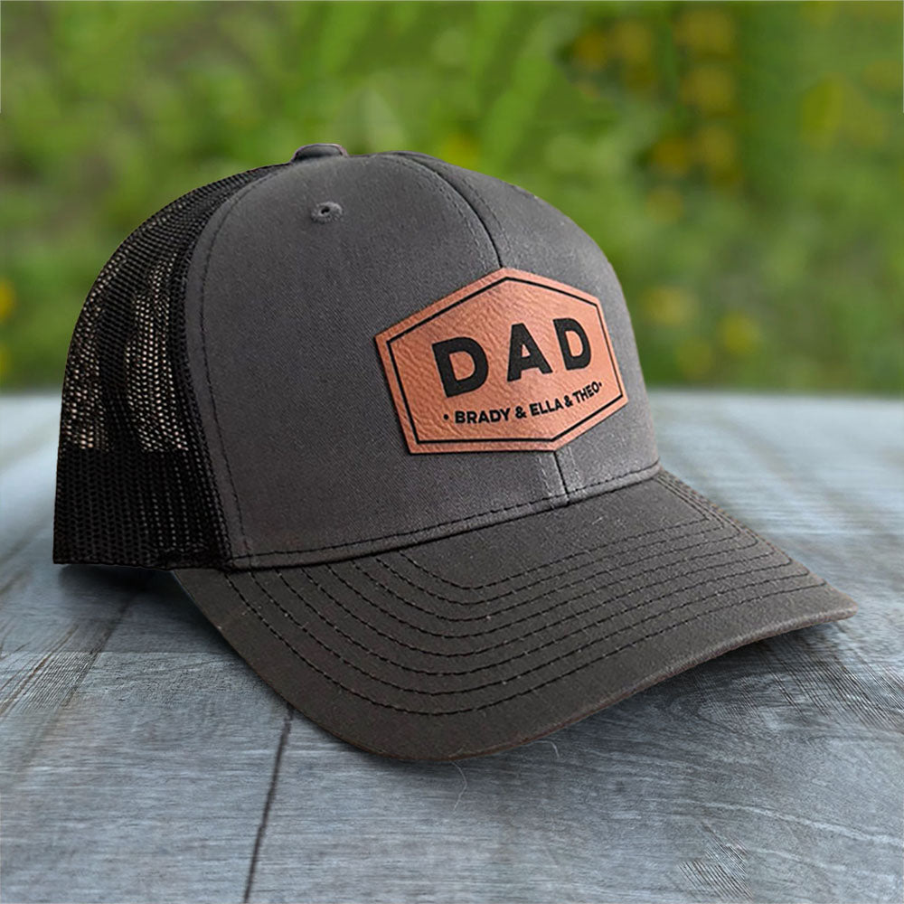 Personalized DAD Hat with Kids Names Leather Patch Trucker Hat Father's Day Gift New Dad Gift