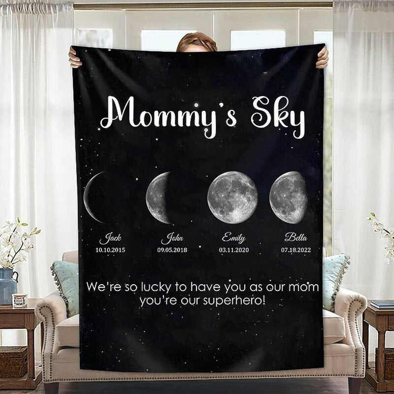 Personalized Mommy's Sky Moon Phase by Date Blanket with Kids Names Mother's Day Gift