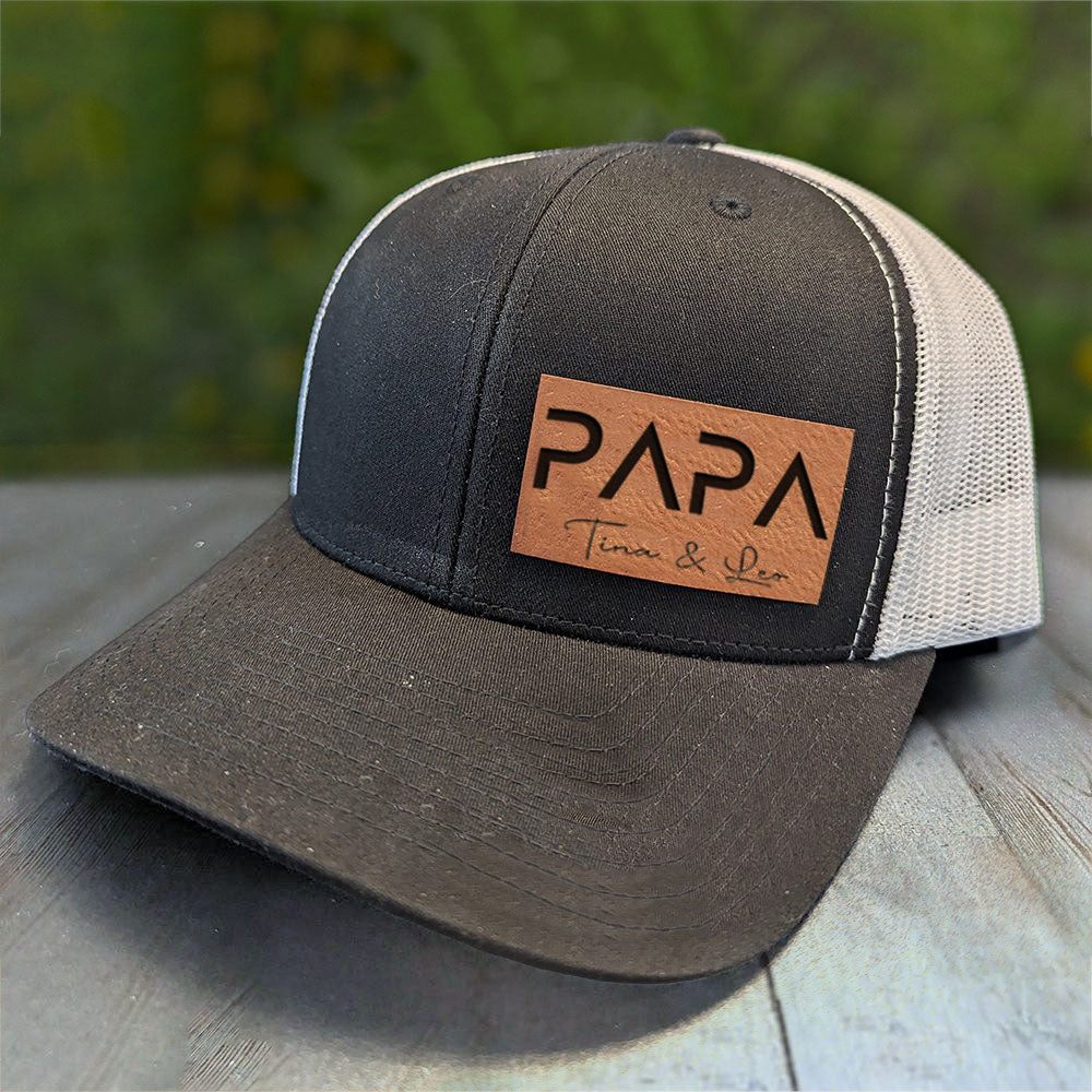 Personalized PAPA Leather Patch Trucker Hat with Kids Names Father's Day Gift