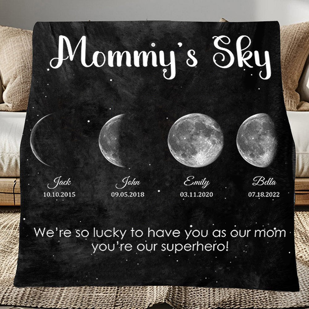 Personalized Mommy's Sky Moon Phase by Date Blanket with Kids Names Mother's Day Gift