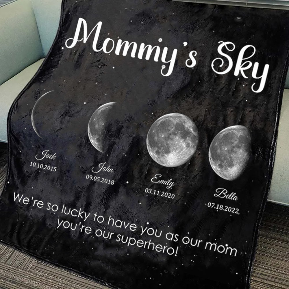 Personalized Mommy's Sky Moon Phase by Date Blanket with Kids Names Mother's Day Gift