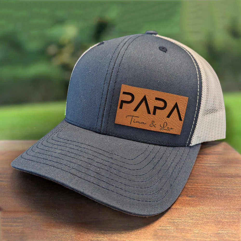 Personalized PAPA Leather Patch Trucker Hat with Kids Names Father's Day Gift