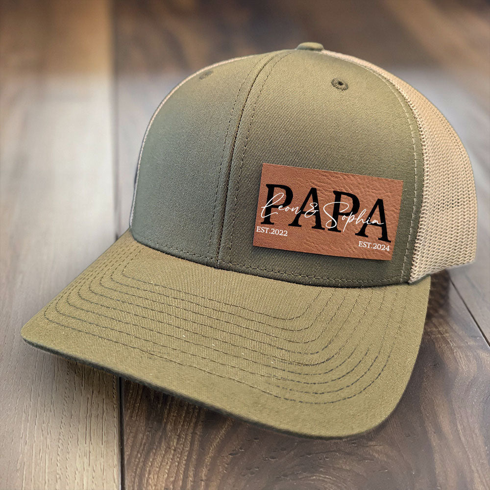 Personalized PAPA Hat with Est and Kids Names Leather Patch Trucker Hat Father's Day Gift