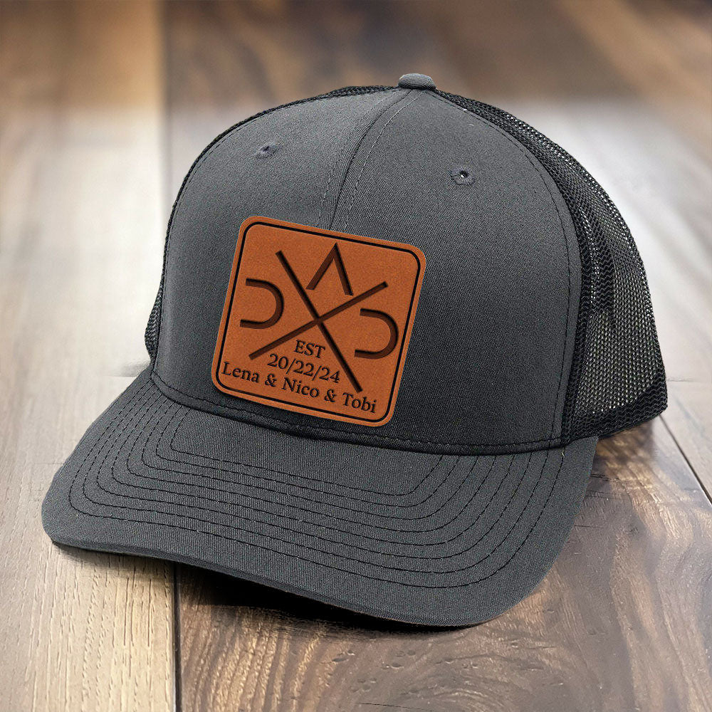 Personalized DAD Hat with Est and Kids Names Leather Patch Trucker Hat Father's Day Gift