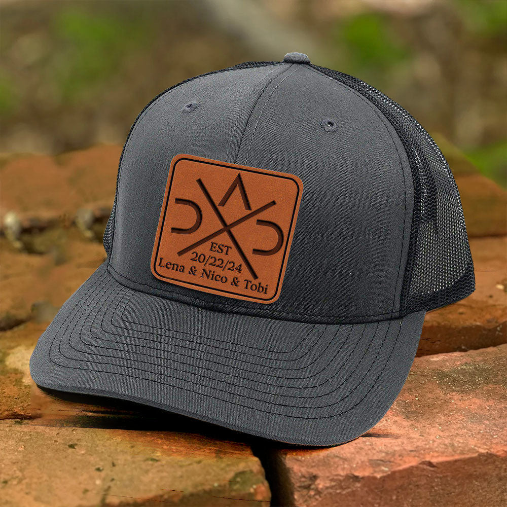 Personalized DAD Hat with Est and Kids Names Leather Patch Trucker Hat Father's Day Gift