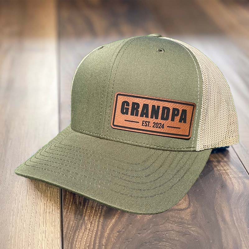 Personalized GRANDPA Est Hat Leather Patch Trucker Hat