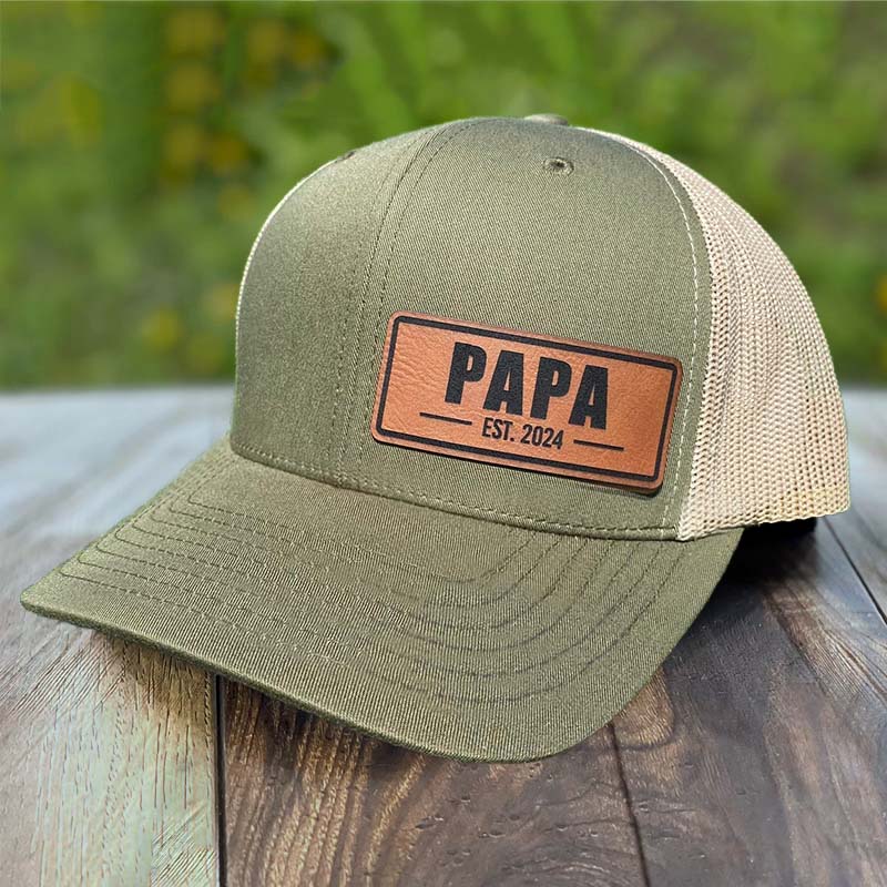 Personalized GRANDPA Est Hat Leather Patch Trucker Hat