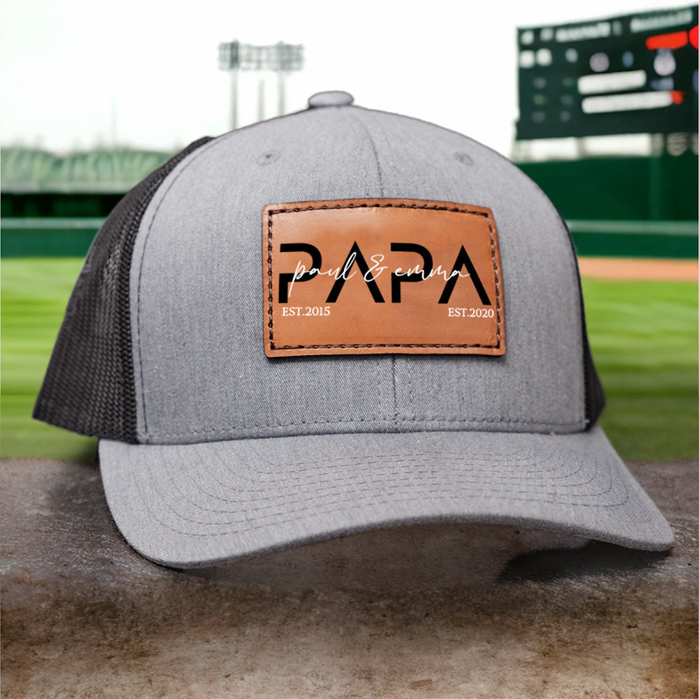 Personalized PAPA Hat with Est and Kids Names Leather Patch Trucker Hat Father's Day Gift