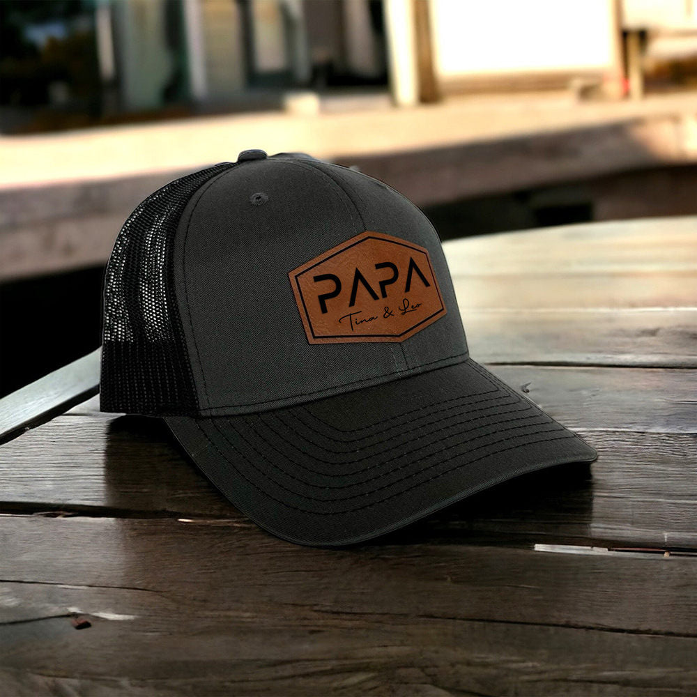 Personalized PAPA Leather Patch Trucker Hat with Kids Names Father's Day Gift New Dad Gift
