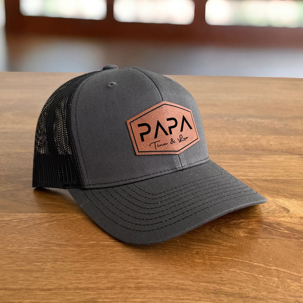 Personalized PAPA Leather Patch Trucker Hat with Kids Names Father's Day Gift New Dad Gift