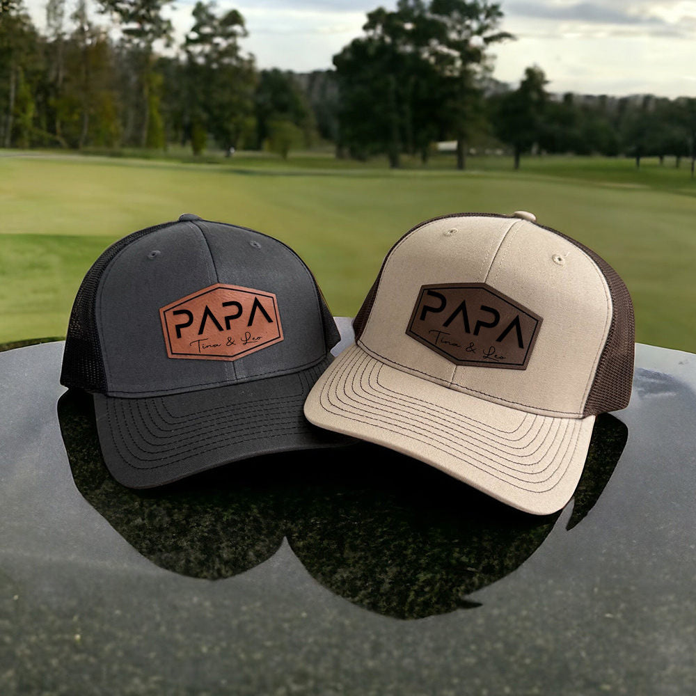 Personalized PAPA Leather Patch Trucker Hat with Kids Names Father's Day Gift New Dad Gift