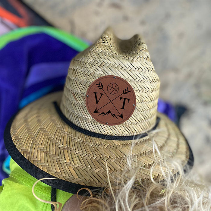 Personalized Kids Straw Hat with Name and Symbols Leather Patch Sun Hats for Baby Toddler Women Men