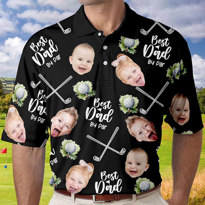 Personalized Best Dad By Par Shirt with Kid's Face Photo Father's Day Gift For Dad Short Sleeve Golf Shirt Gift for Husband