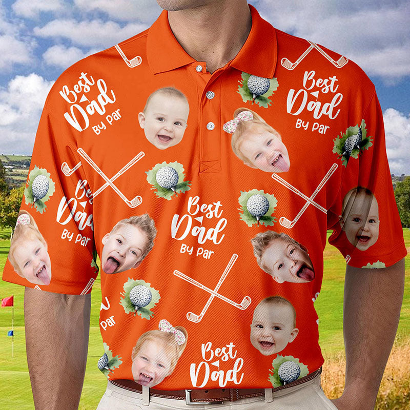 Personalized Best Dad By Par Shirt with Kid's Face Photo Father's Day Gift For Dad Short Sleeve Golf Shirt Gift for Husband
