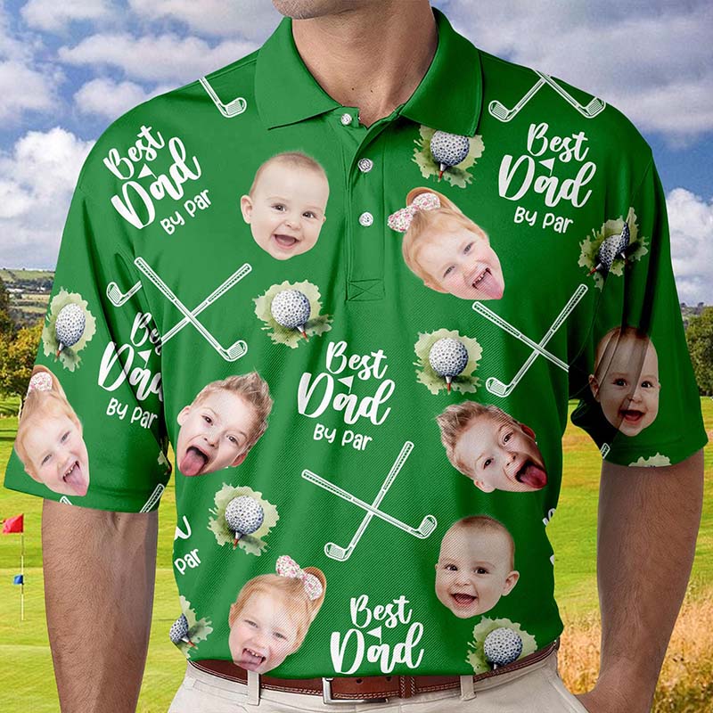Personalized Best Dad By Par Shirt with Kid's Face Photo Father's Day Gift For Dad Short Sleeve Golf Shirt Gift for Husband