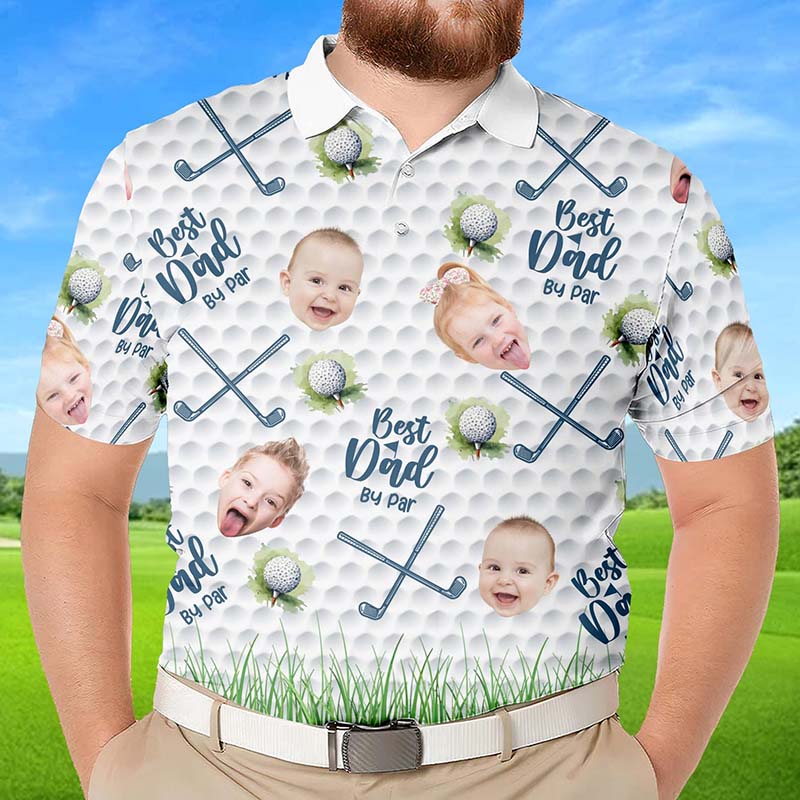 Personalized Best Dad By Par Shirt with Kid's Face Photo Father's Day Gift For Dad Short Sleeve Golf Shirt Gift for Husband