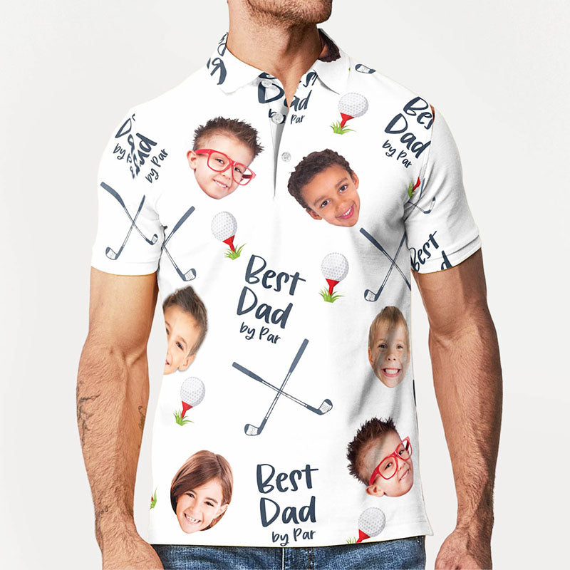 Personalized Best Dad By Par Shirt with Kid's Face Photo Father's Day Gift For Dad Short Sleeve Golf Shirt Gift for Husband