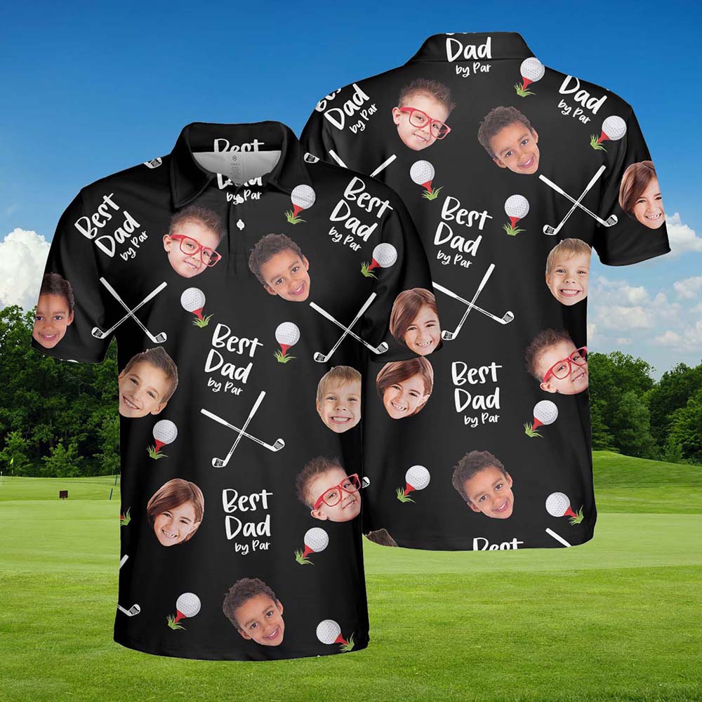 Personalized Best Dad By Par Shirt with Kid's Face Photo Father's Day Gift For Dad Short Sleeve Golf Shirt Gift for Husband