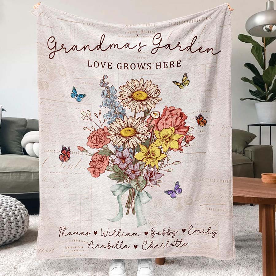 Personalized Grandma's Garden Blanket Birth Month Flowers with Grandkids Names Mother's Day Gift Ideas