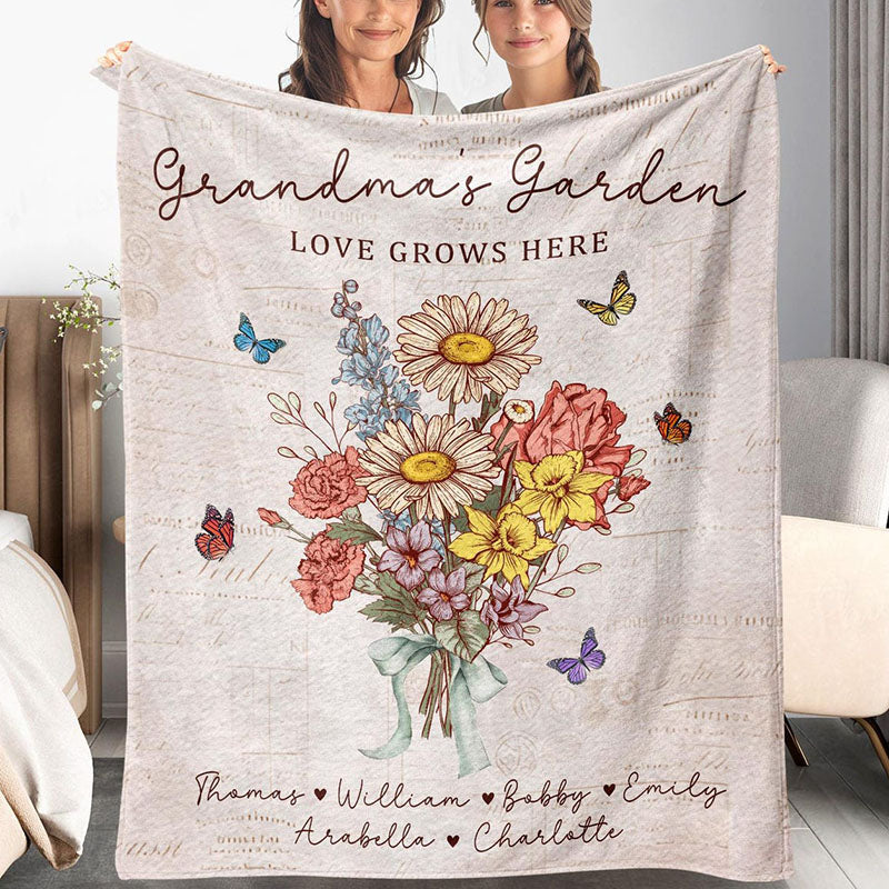 Personalized Grandma's Garden Blanket Birth Month Flowers with Grandkids Names Mother's Day Gift Ideas