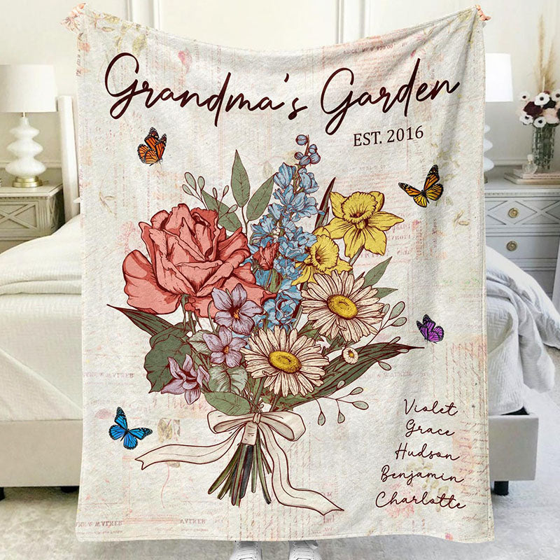 Personalized Grandma's Garden Blanket Birth Month Flowers with Grandkids Names Birthday & Mother's Day Gift Ideas