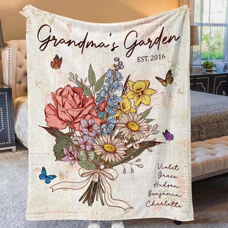 Personalized Grandma's Garden Blanket Birth Month Flowers with Grandkids Names Birthday & Mother's Day Gift Ideas