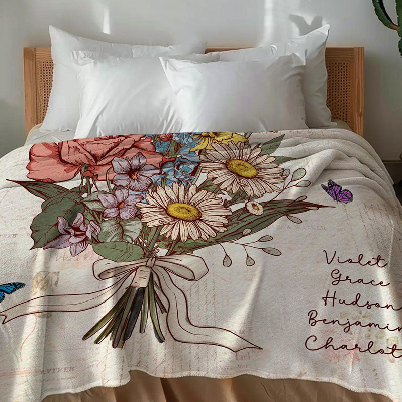 Personalized Grandma's Garden Blanket Birth Month Flowers with Grandkids Names Birthday & Mother's Day Gift Ideas