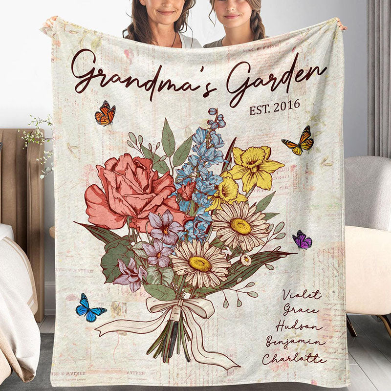 Personalized Grandma's Garden Blanket Birth Month Flowers with Grandkids Names Birthday & Mother's Day Gift Ideas