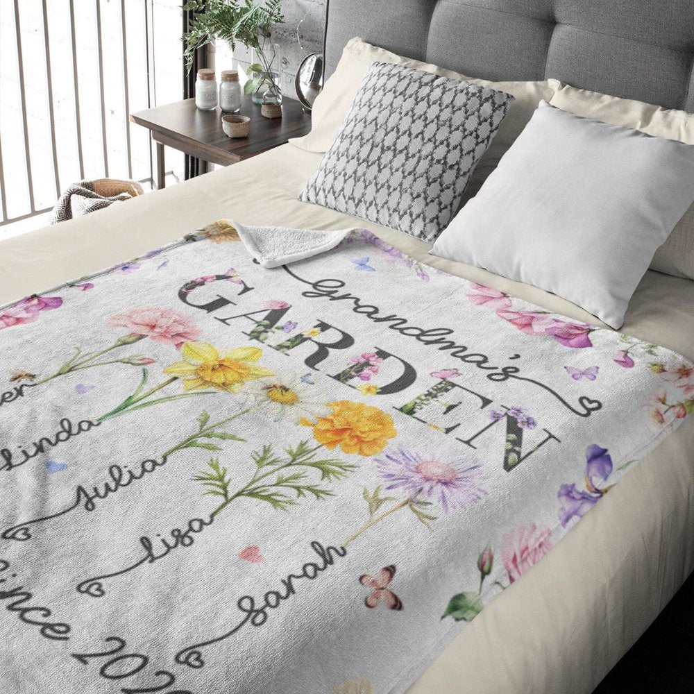 Personalized Grandma's Garden Blanket Birth Month Flowers with Grandkids Names Mother's Day Gift