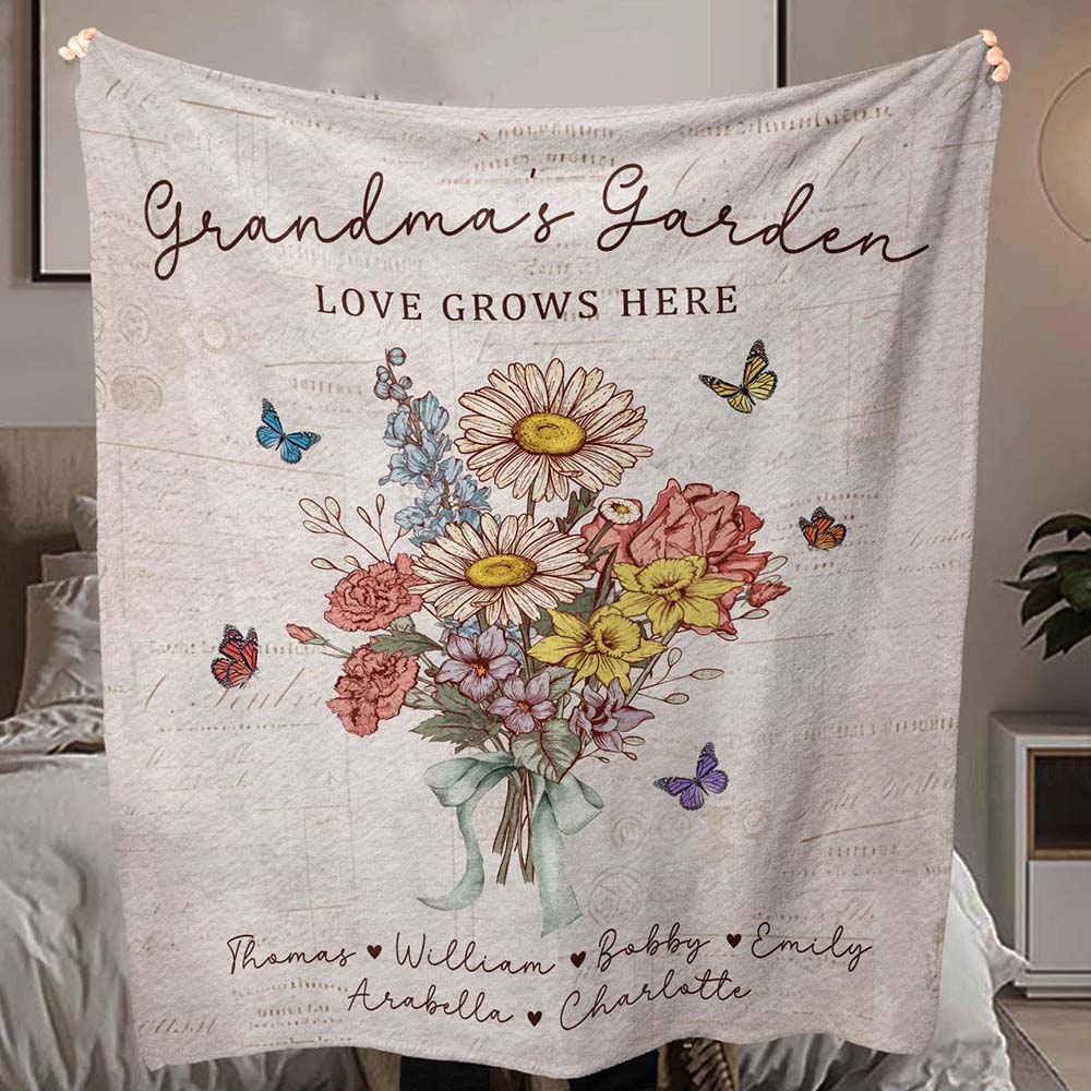 Personalized Grandma's Garden Blanket Birth Month Flowers with Grandkids Names Mother's Day Gift Ideas
