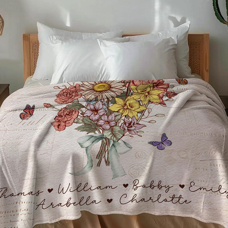Personalized Grandma's Garden Blanket Birth Month Flowers with Grandkids Names Mother's Day Gift Ideas