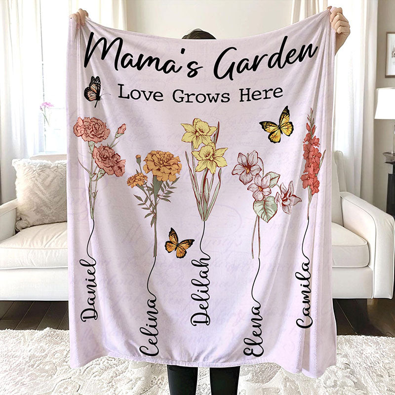 Personalized Mama's Garden Blanket Birth Month Flowers with Kids Names Birthday & Mother's Day Gift Ideas