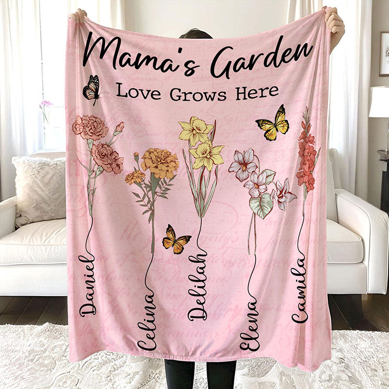 Personalized Mama's Garden Blanket Birth Month Flowers with Kids Names Birthday & Mother's Day Gift Ideas