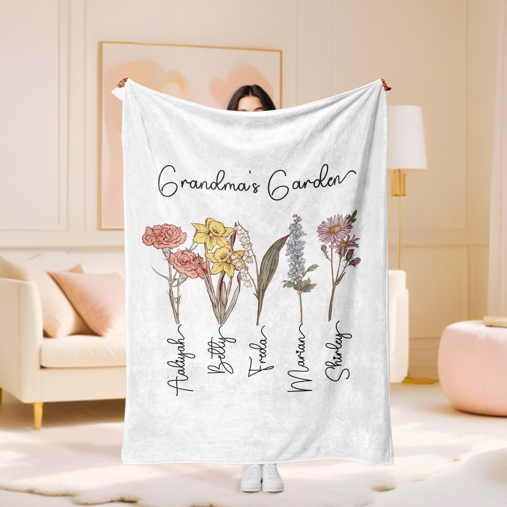 Personalized Grandma's Garden Blanket Birth Month Flowers with Grandkids Names Mother's Day Gift