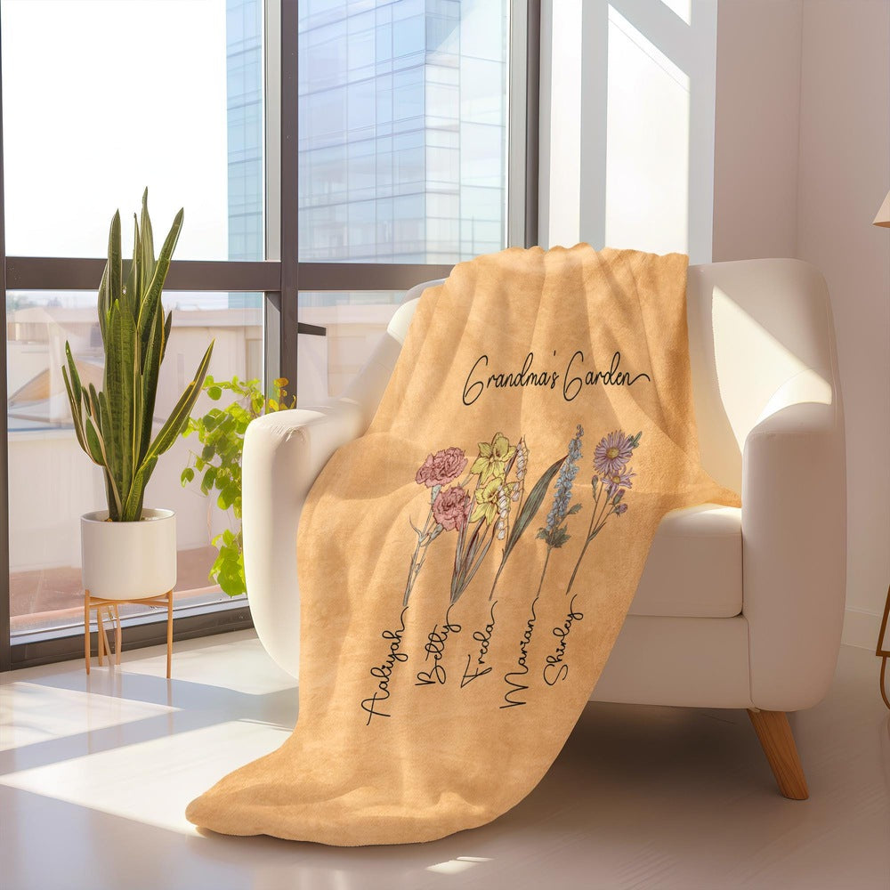 Personalized Grandma's Garden Blanket Birth Month Flowers with Grandkids Names Mother's Day Gift