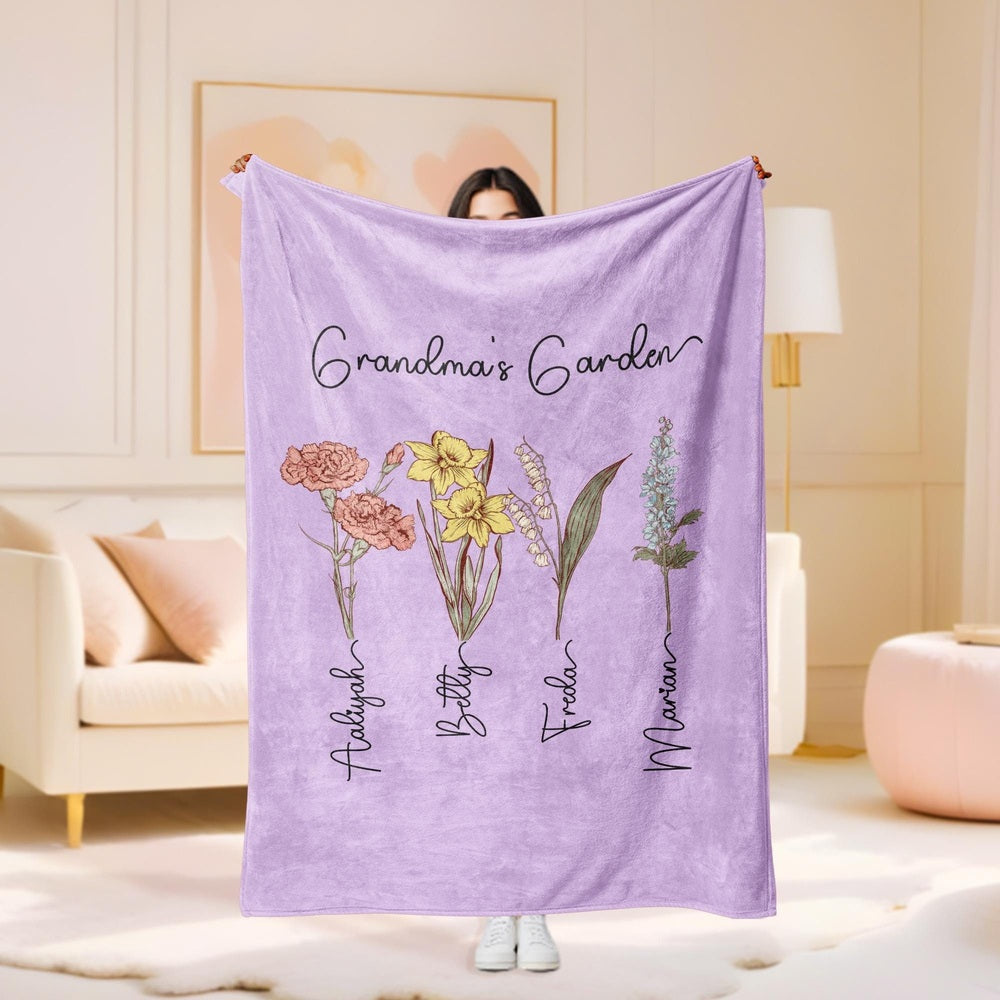 Personalized Grandma's Garden Blanket Birth Month Flowers with Grandkids Names Mother's Day Gift