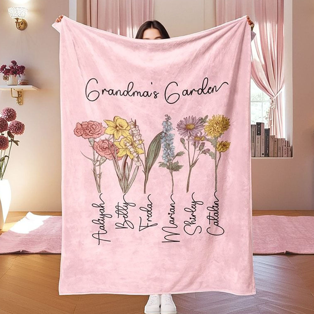Personalized Grandma's Garden Blanket Birth Month Flowers with Grandkids Names Mother's Day Gift