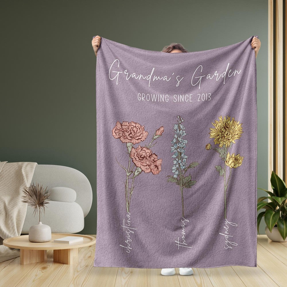 Personalized Grandma's Garden Blanket Birth Month Flowers with Grandkids Names Mother's Day Gift