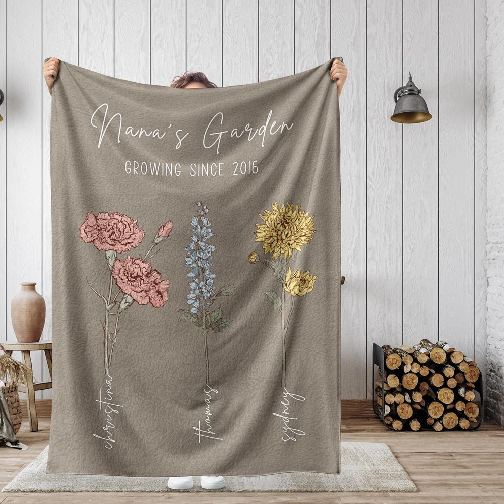Personalized Grandma's Garden Blanket Birth Month Flowers with Grandkids Names Mother's Day Gift