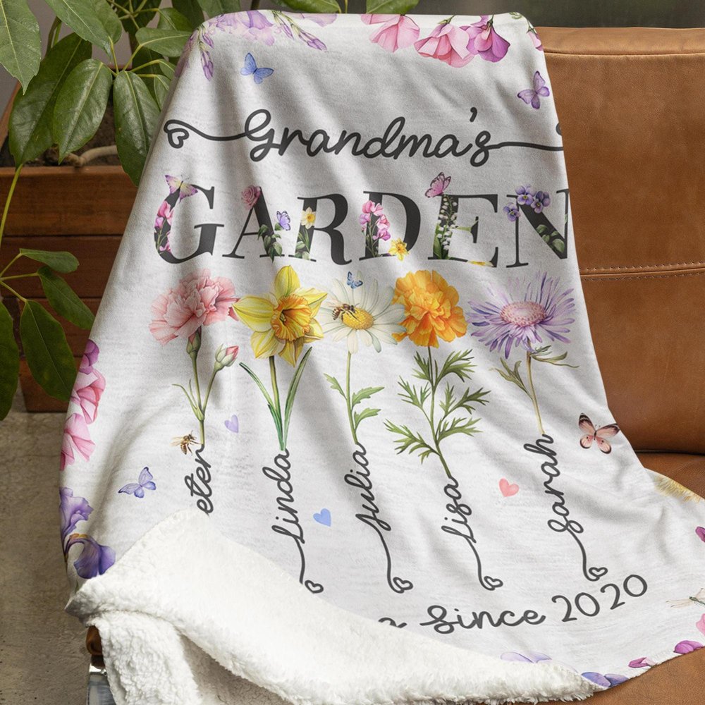 Personalized Grandma's Garden Blanket Birth Month Flowers with Grandkids Names Mother's Day Gift
