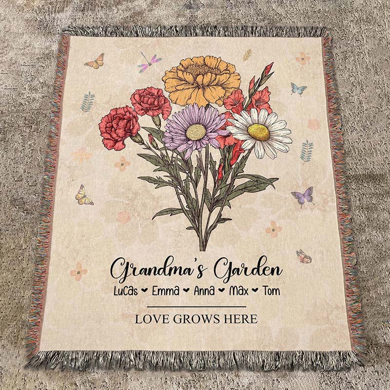 Personalized Grandma's Garden Woven Blanket Birth Month Flowers with Grandkids Names Mother's Day Gift Ideas