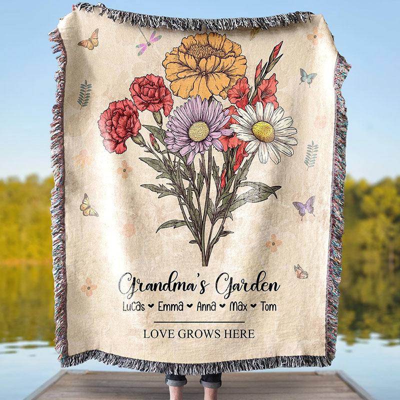Personalized Grandma's Garden Woven Blanket Birth Month Flowers with Grandkids Names Mother's Day Gift Ideas