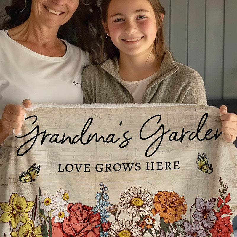 Personalized Grandma's Garden Blanket Birth Month Flowers with Grandkids Names Birthday & Mother's Day Gift Ideas