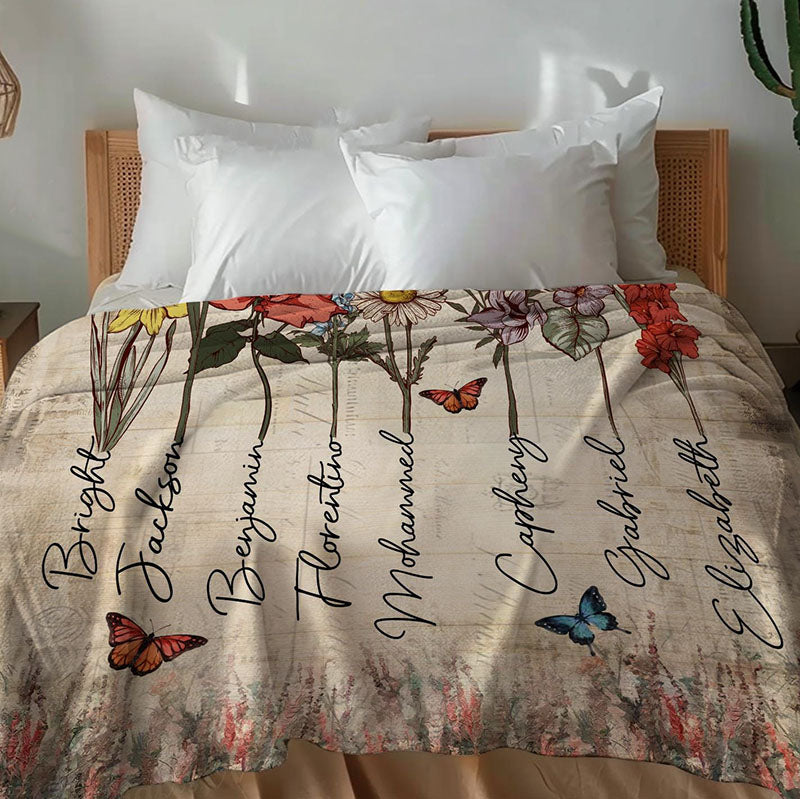 Personalized Grandma's Garden Blanket Birth Month Flowers with Grandkids Names Birthday & Mother's Day Gift Ideas