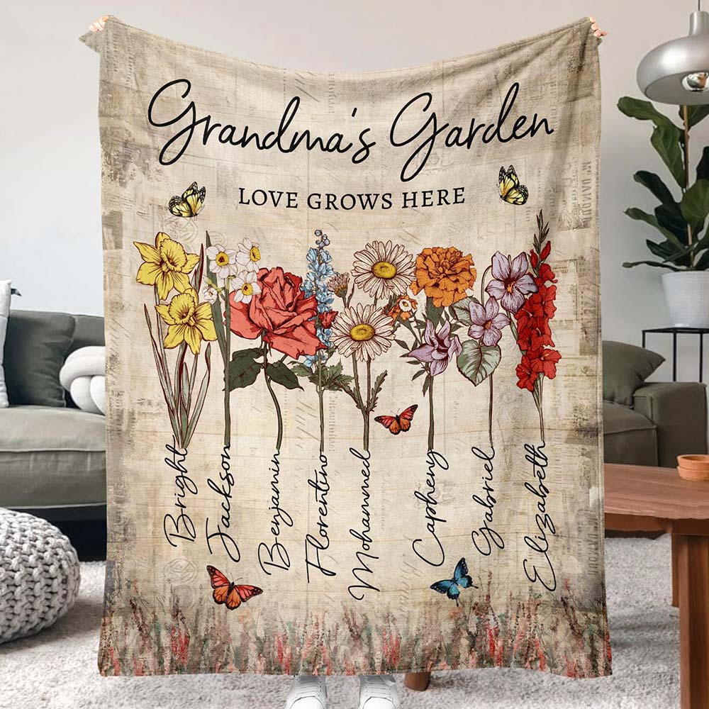 Personalized Grandma's Garden Blanket Birth Month Flowers with Grandkids Names Birthday & Mother's Day Gift Ideas