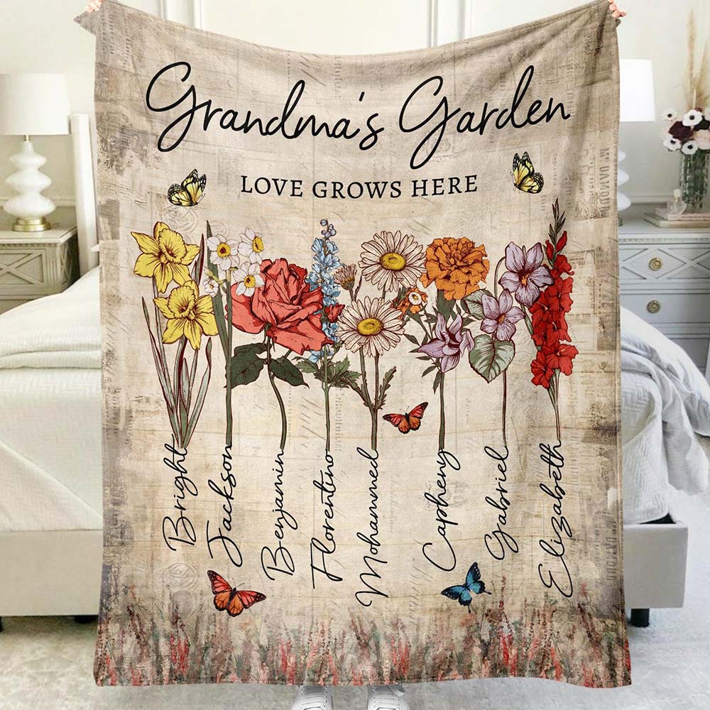 Personalized Grandma's Garden Blanket Birth Month Flowers with Grandkids Names Birthday & Mother's Day Gift Ideas