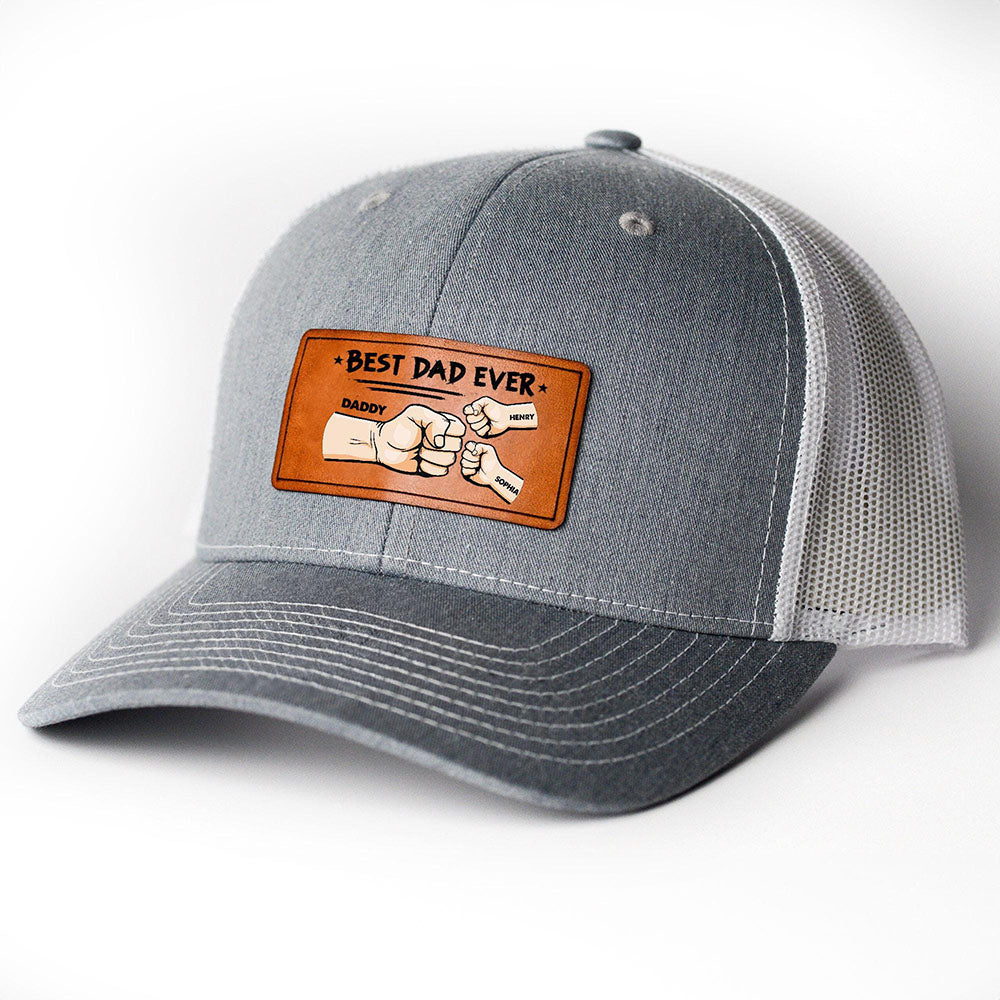 Personalized Best Dad Ever Fist Bump DAD Hats with Kids Names Leather Patch Trucker Hat Father's Day Gift