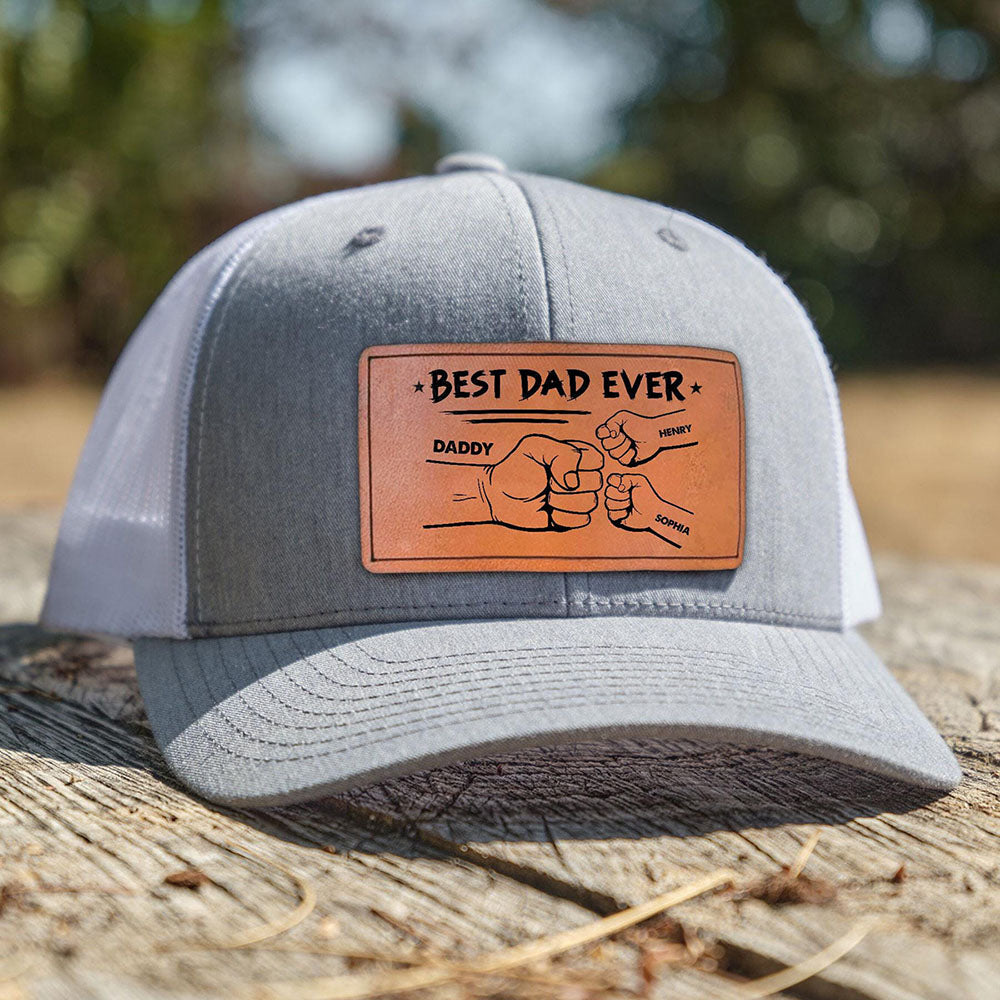 Personalized Best Dad Ever Fist Bump DAD Hats with Kids Names Leather Patch Trucker Hat Father's Day Gift