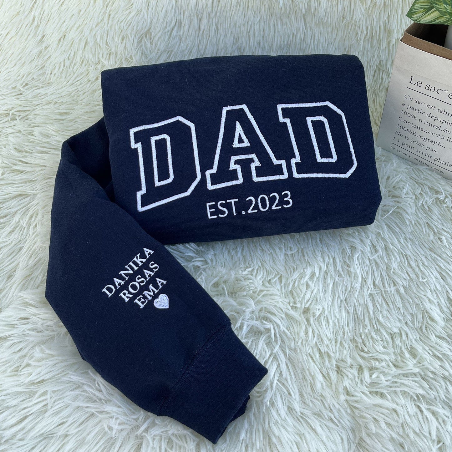 Personalized Embroidered Dad Est Sweatshirt with Kids Name on Sleeve